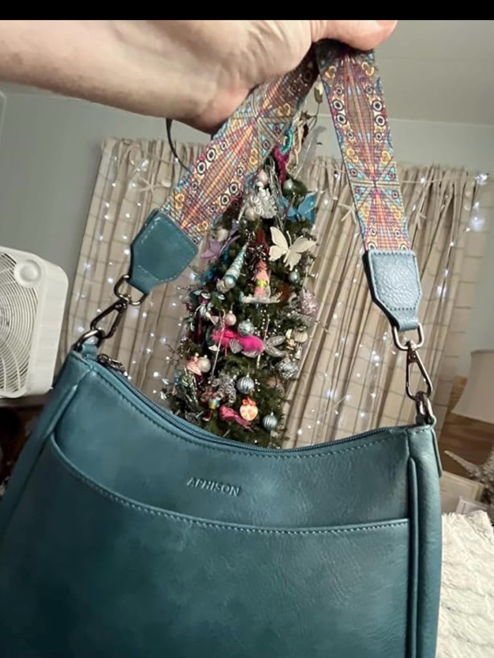 Teal Shoulder Bag with Detachable Patterned Strap - Picture 5 of 5